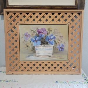 Vintage raw wood lattice framed floral oil painting by L. Tunnell OOAK Cottage